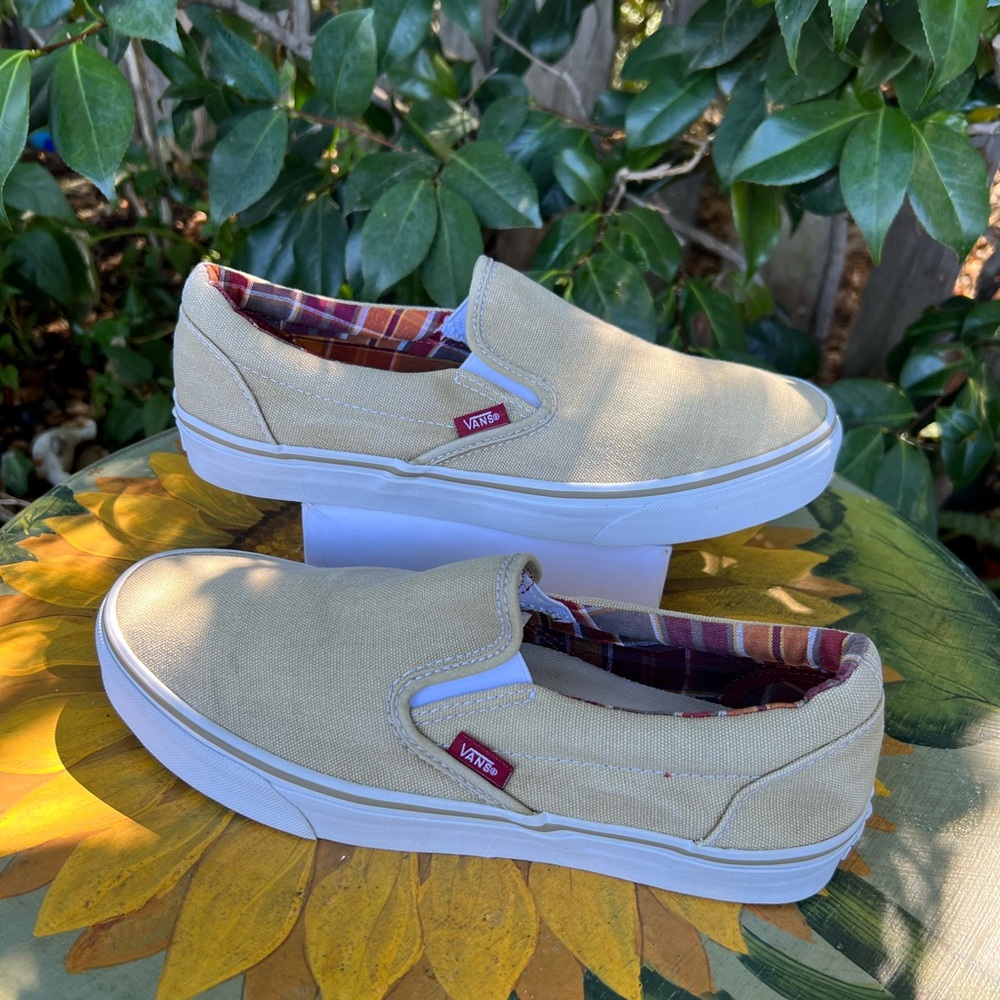 Vans slip on tan canvas men’s shoes